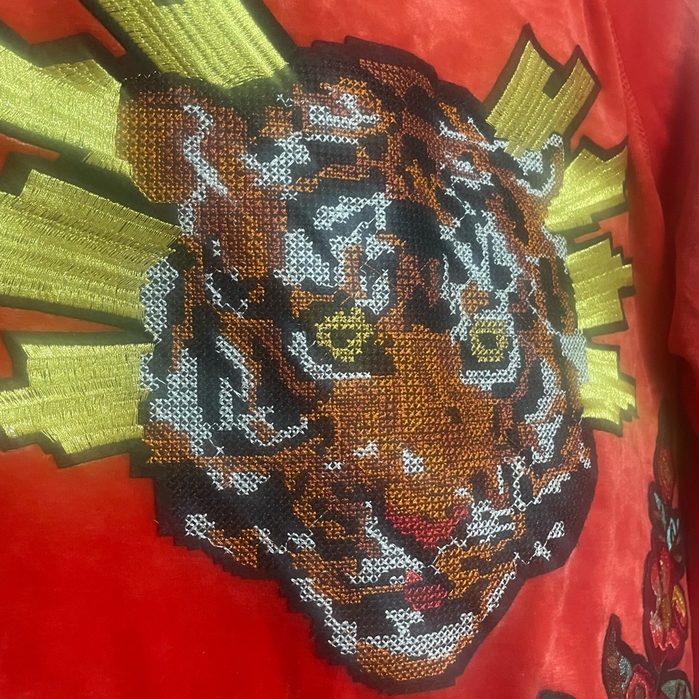 BCBGMaxAzria Velvet Zip Up Jacket with Floral and Tiger Embroidery Patches - Picture 8 of 12